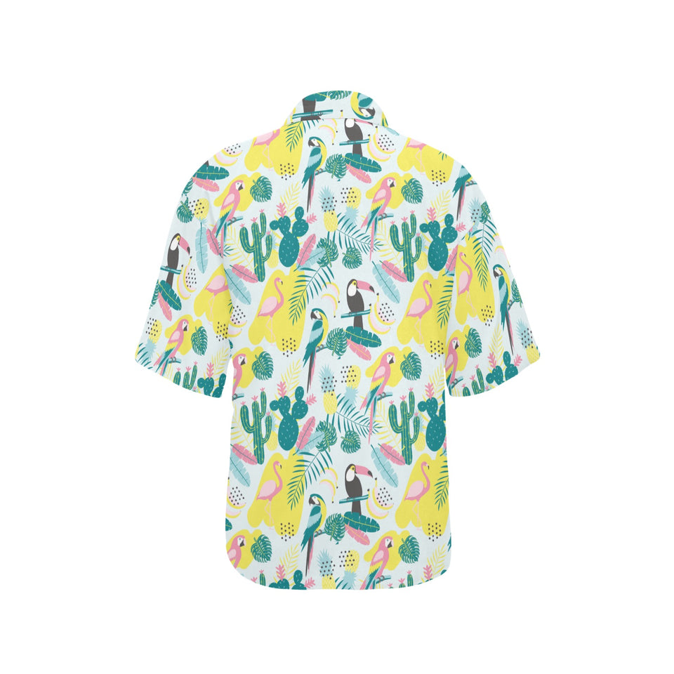 Cute parrot toucan flamingo cactus exotic leaves p Women's All Over Print Hawaiian Shirt