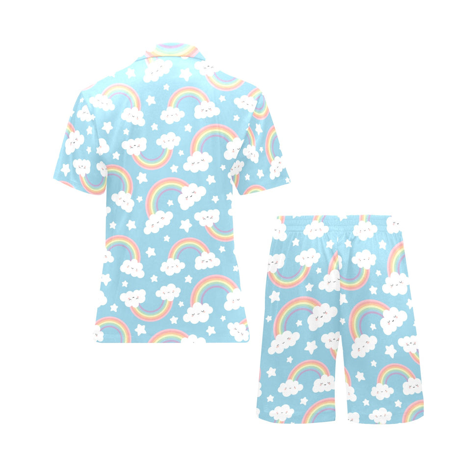Cute rainbow clound star pattern blue background Men's V-Neck Short Pajama Set