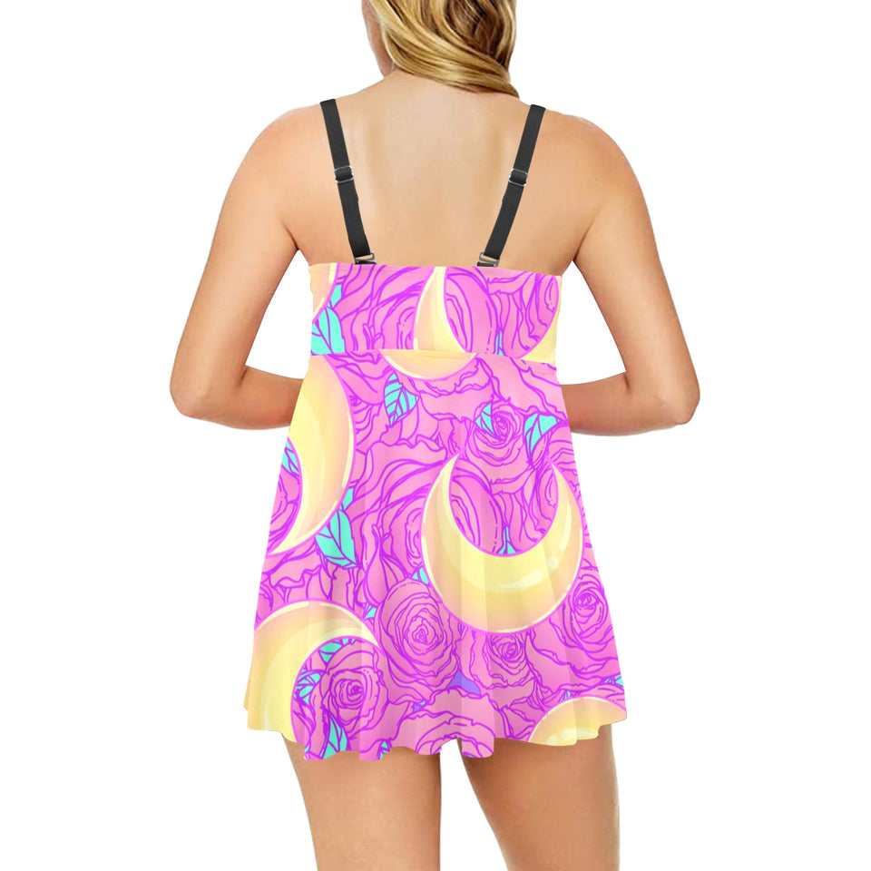 Moon pink rose background Chest Sexy Pleated Two Piece Swim Dress