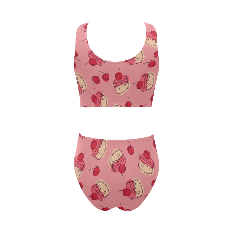 Cake cherry pattern Chest Bowknot High Waisted Bikini Swimsuit