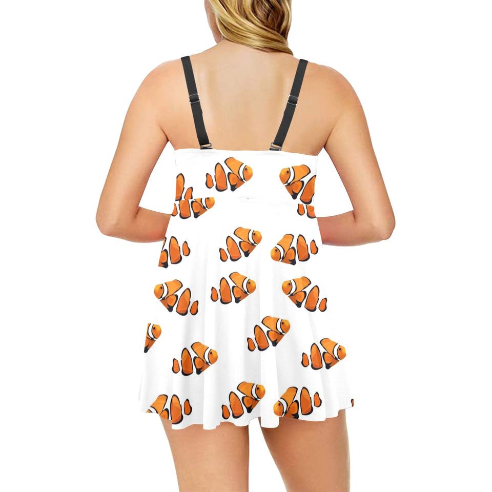 Clown Fish Pattern Print Design 03 Chest Sexy Pleated Two Piece Swim Dress