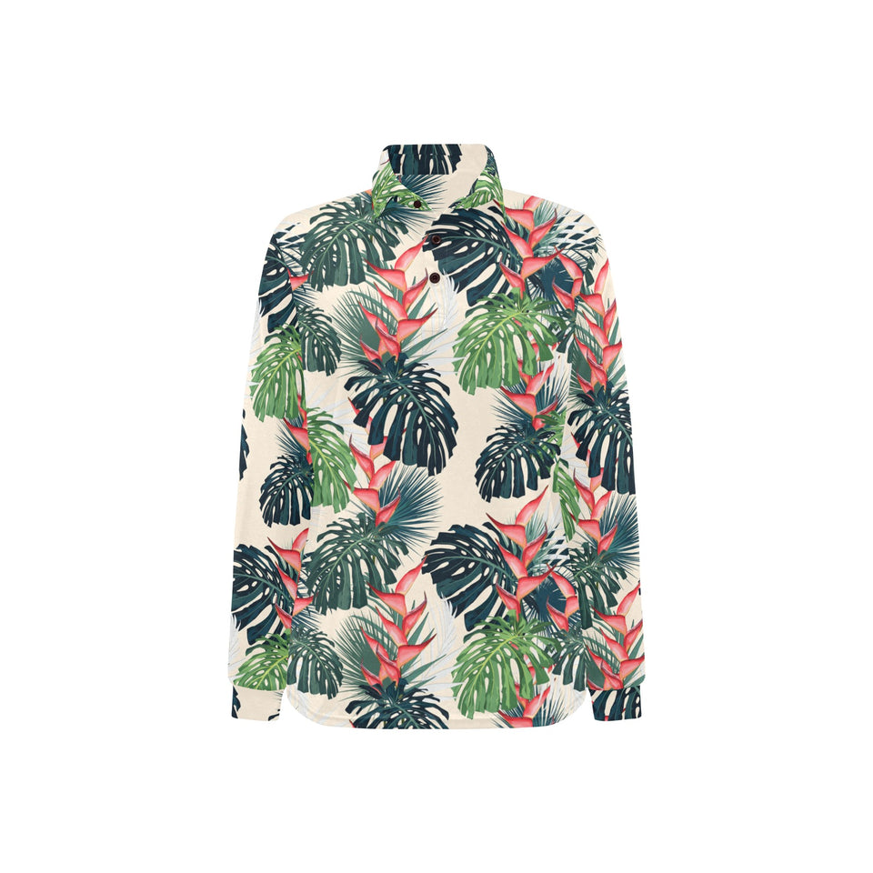 heliconia flowers, palm and monstera leaves Women's Long Sleeve Polo Shirt
