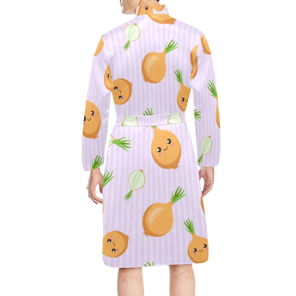 cute onions smiling faces purple background Men's Long Sleeve Belted Night Robe
