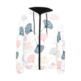 Black Gray Cream coral ginkgo leaves pattern Men's Padded Hooded Jacket