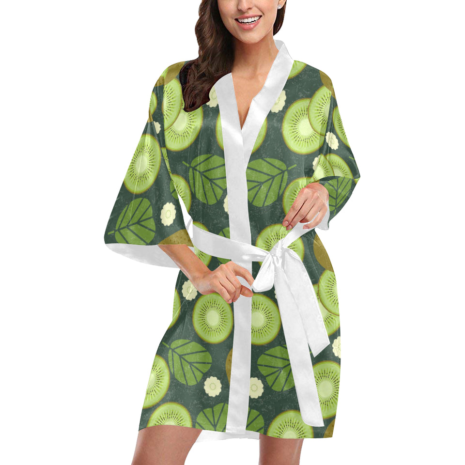 Whole sliced kiwi leave and flower Women's Short Kimono Robe