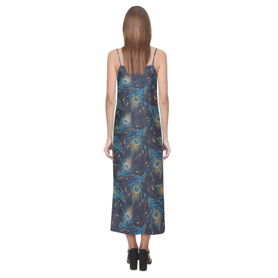 Beautiful peacock feather pattern V-Neck Open Fork Long Dress