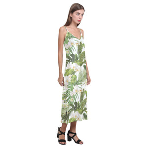 White orchid flower tropical leaves pattern V-Neck Open Fork Long Dress
