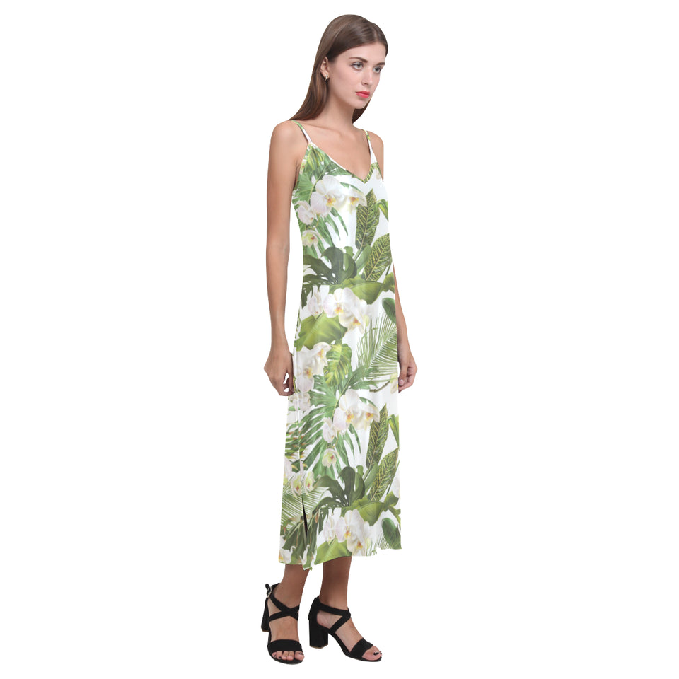 White orchid flower tropical leaves pattern V-Neck Open Fork Long Dress
