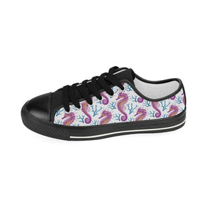 Purple seahorse blue coral pattern Kids' Boys' Girls' Low Top Canvas Shoes Black