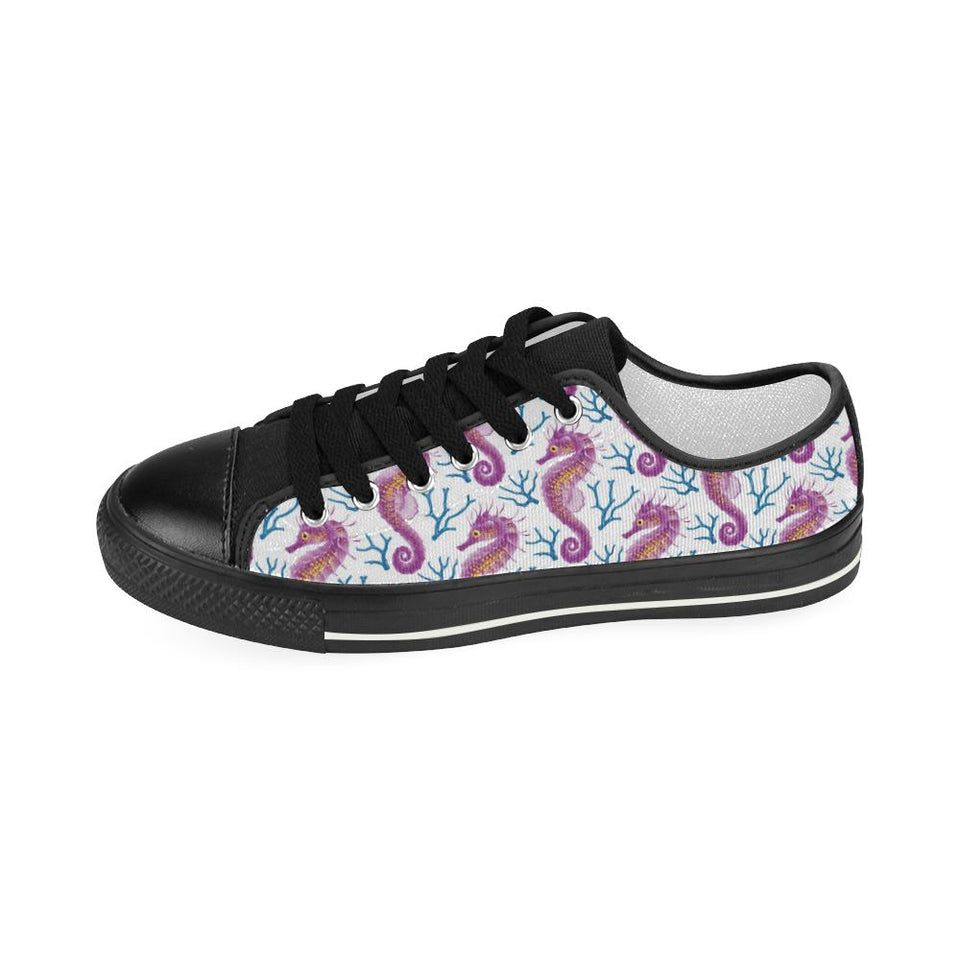 Purple seahorse blue coral pattern Kids' Boys' Girls' Low Top Canvas Shoes Black