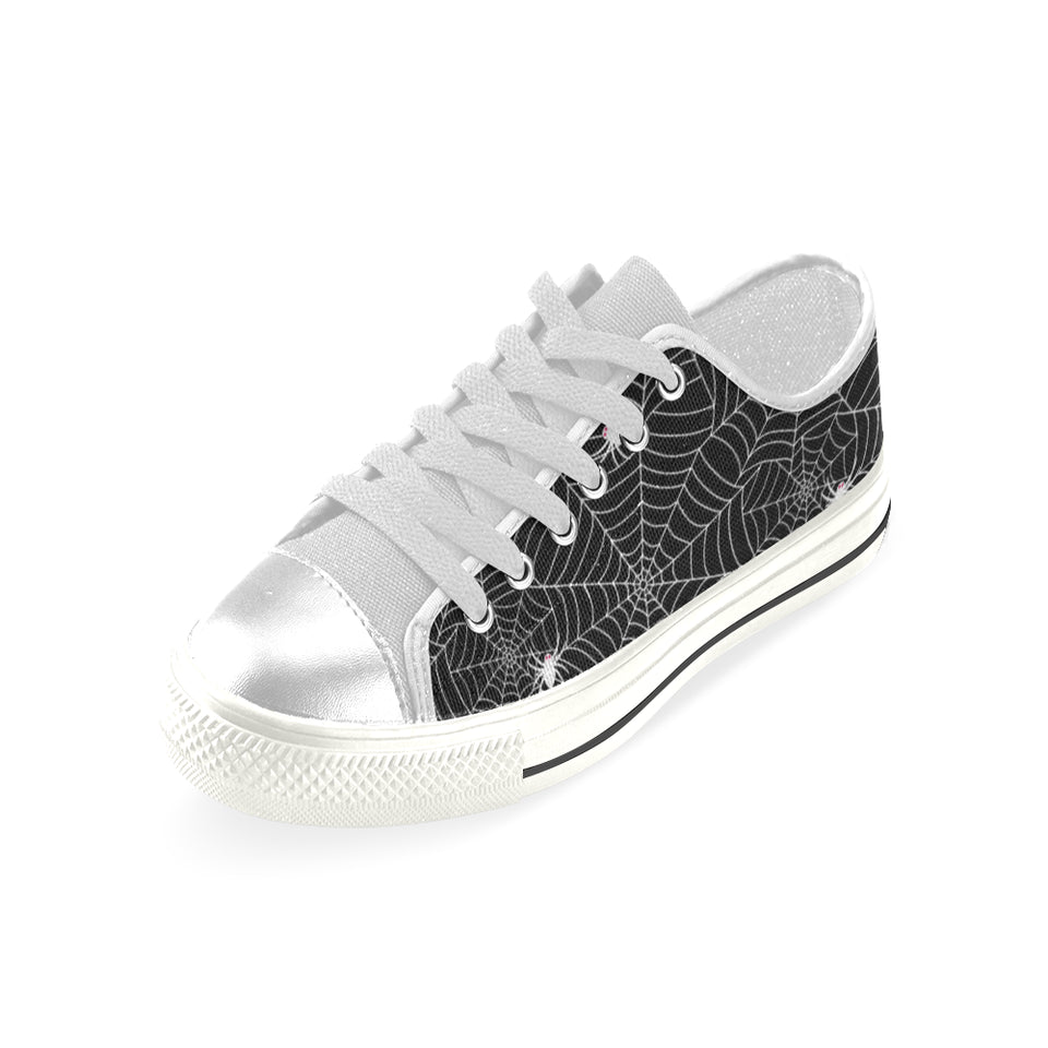 Spider web design pattern Black background white c Women's Low Top Canvas Shoes White