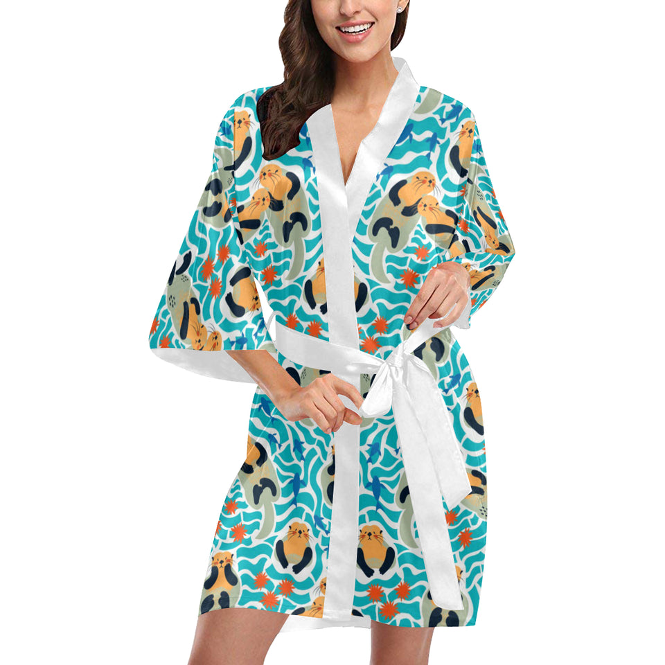 Cute sea otters fishe sea urchin pattern Women's Short Kimono Robe