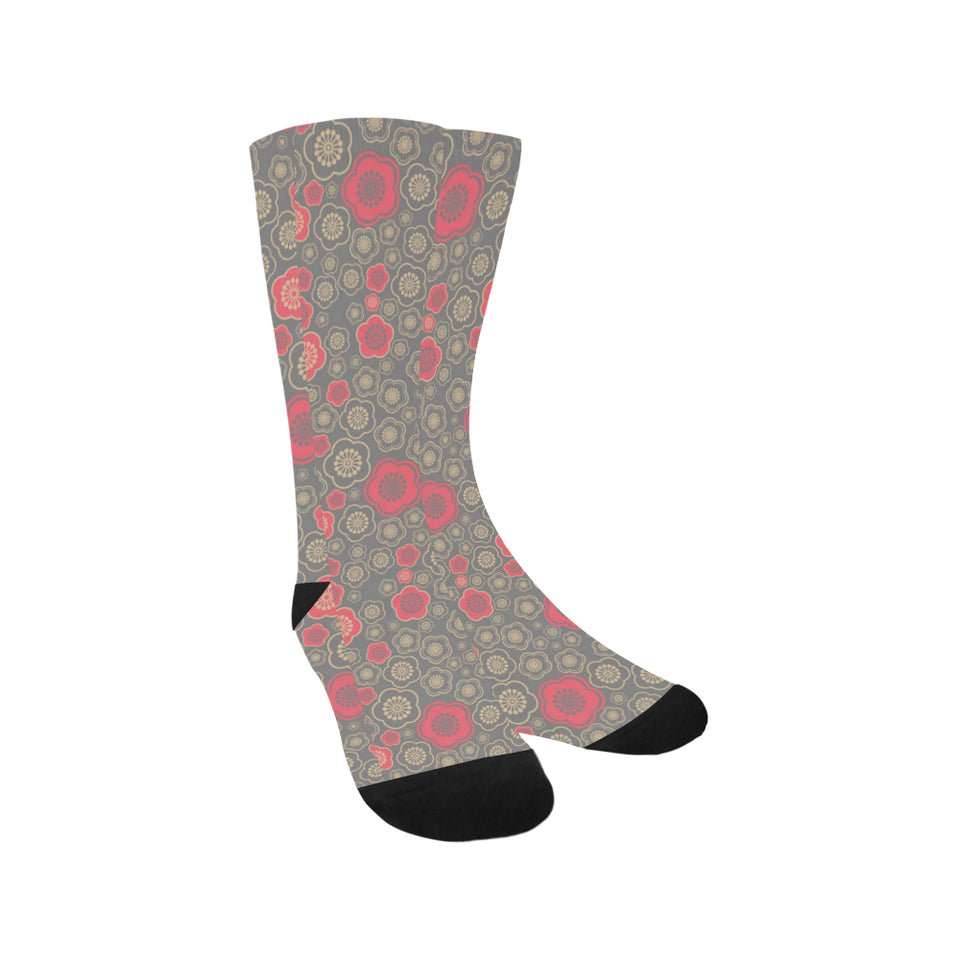 Red gold Sakura cherry blossom gray background Crew Socks