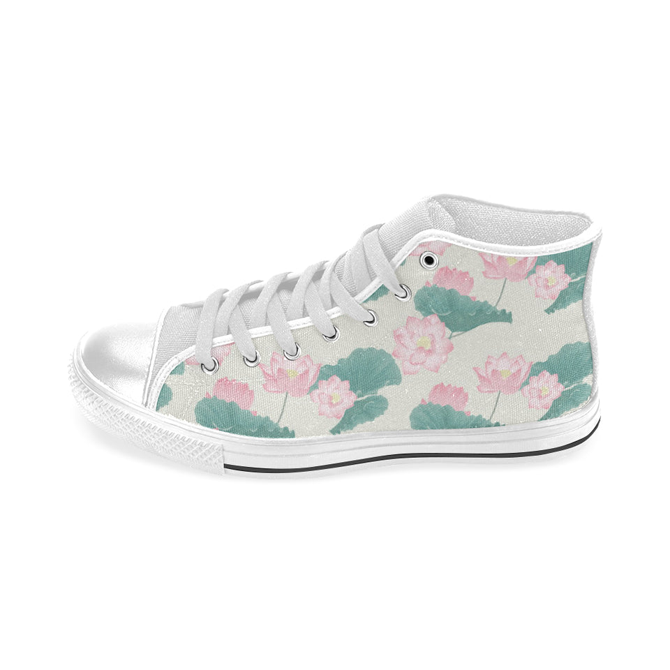 Pink lotus waterlily leaves pattern Men's High Top Canvas Shoes White