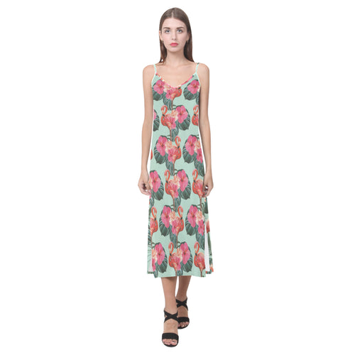 Beautiful flamingo tropical palm leaves hibiscus p V-Neck Open Fork Long Dress
