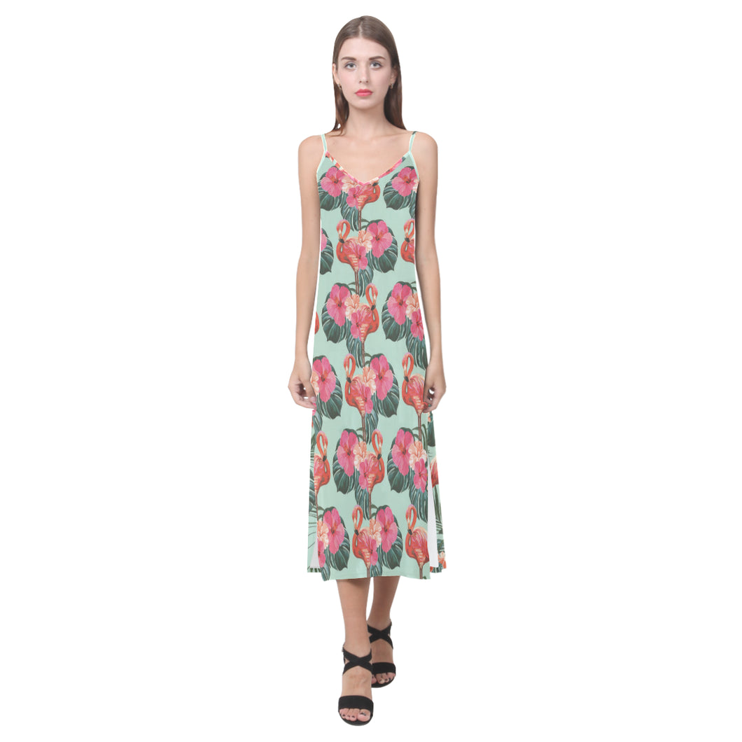 Beautiful flamingo tropical palm leaves hibiscus p V-Neck Open Fork Long Dress