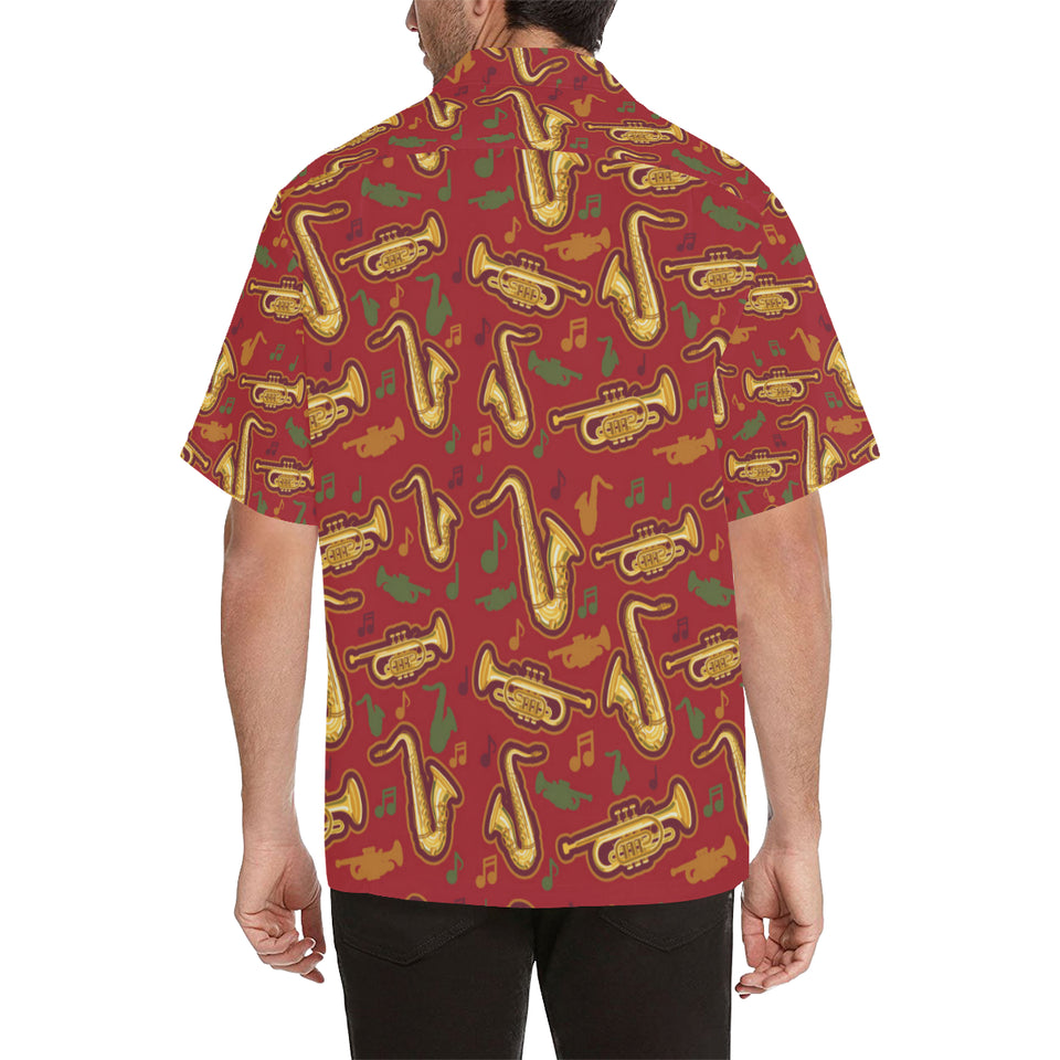 Saxophone cornet pattern red background Men's All Over Print Hawaiian Shirt