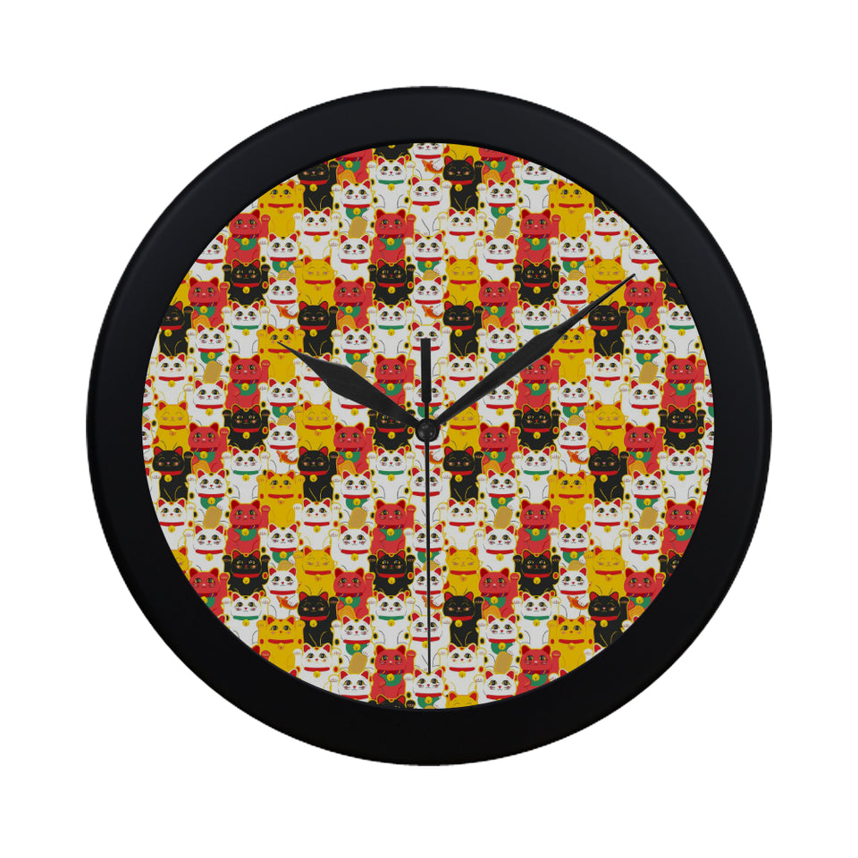 Colorful Maneki neko cat pattern Elegant Black Wall Clock