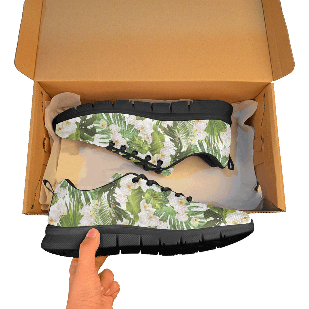 White orchid flower tropical leaves pattern Women's Sneaker Shoes