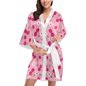 cherry flower pattern pink background Women's Short Kimono Robe