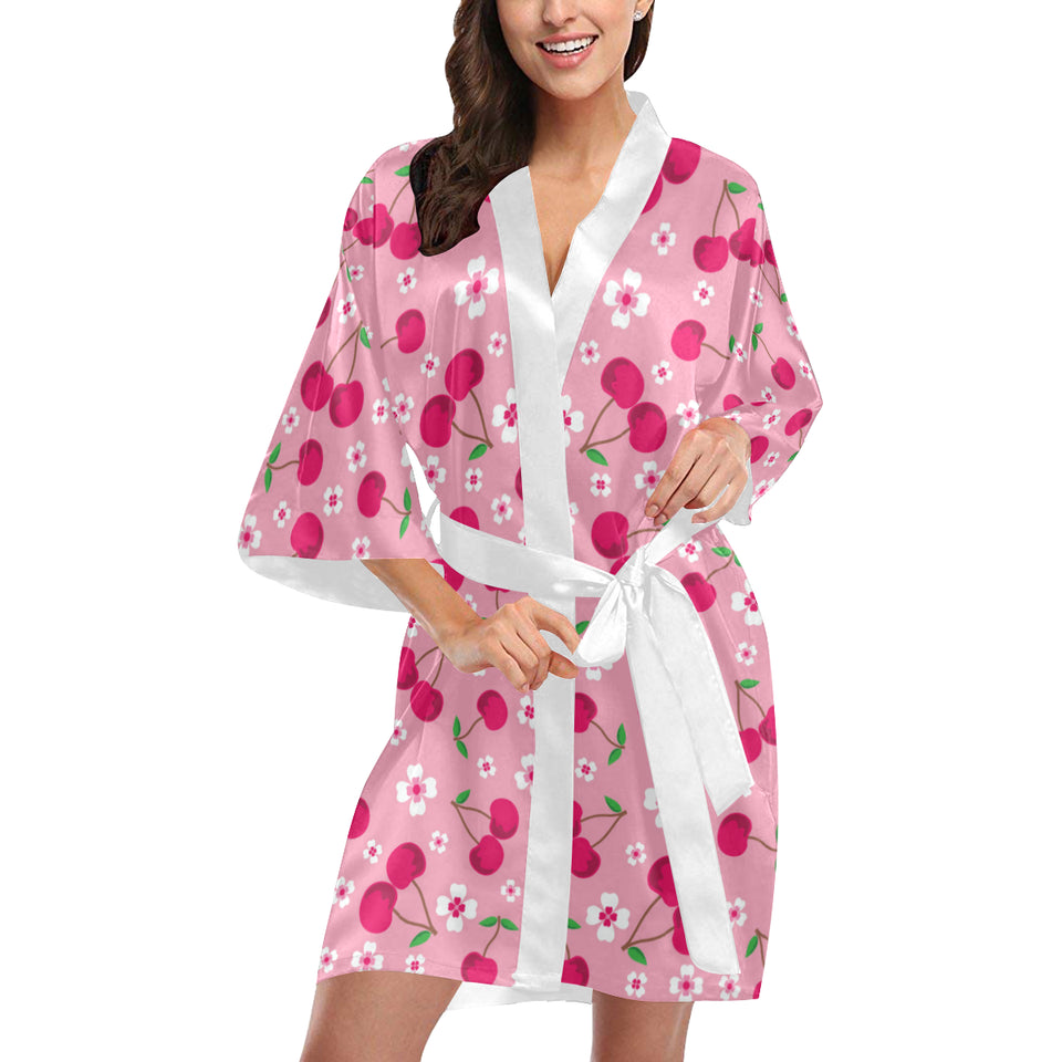 cherry flower pattern pink background Women's Short Kimono Robe