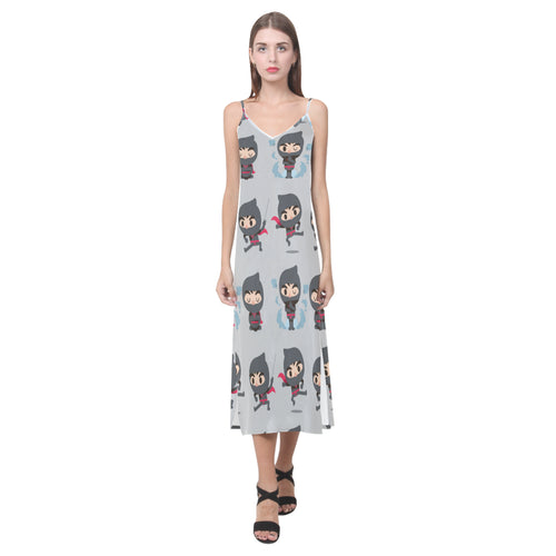 Cute ninja pattern V-Neck Open Fork Long Dress