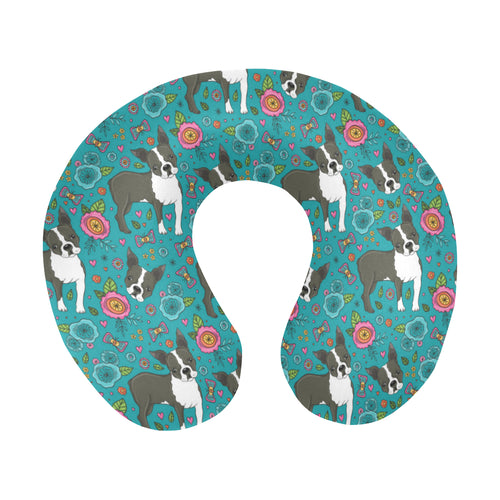 Boston terrier beautiful flower pattern U-Shaped Travel Neck Pillow