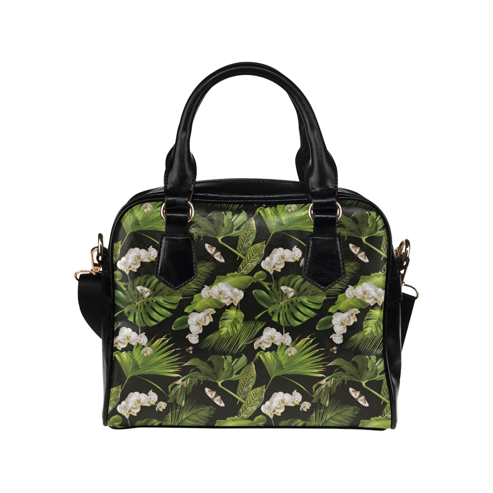White orchid flower tropical leaves pattern blackg Shoulder Handbag