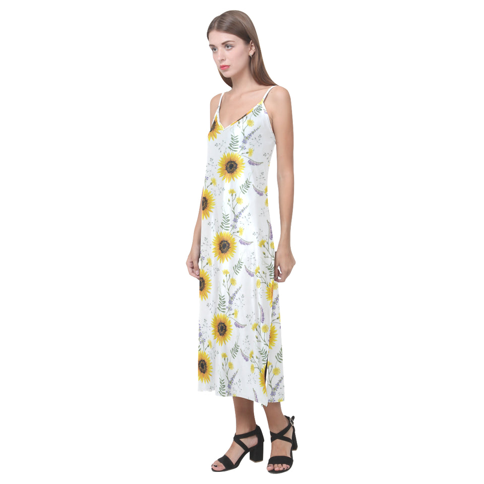 beautiful sunflowers pattern V-Neck Open Fork Long Dress