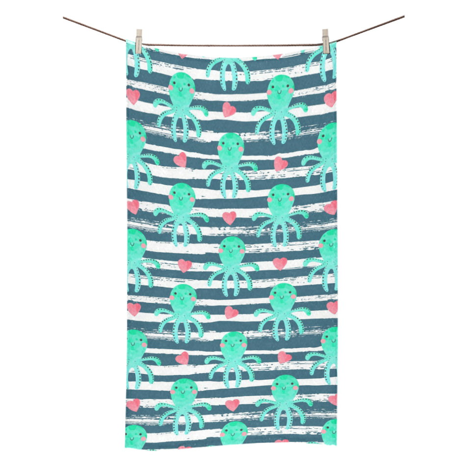 Cute octopuses heart striped background Bath Towel