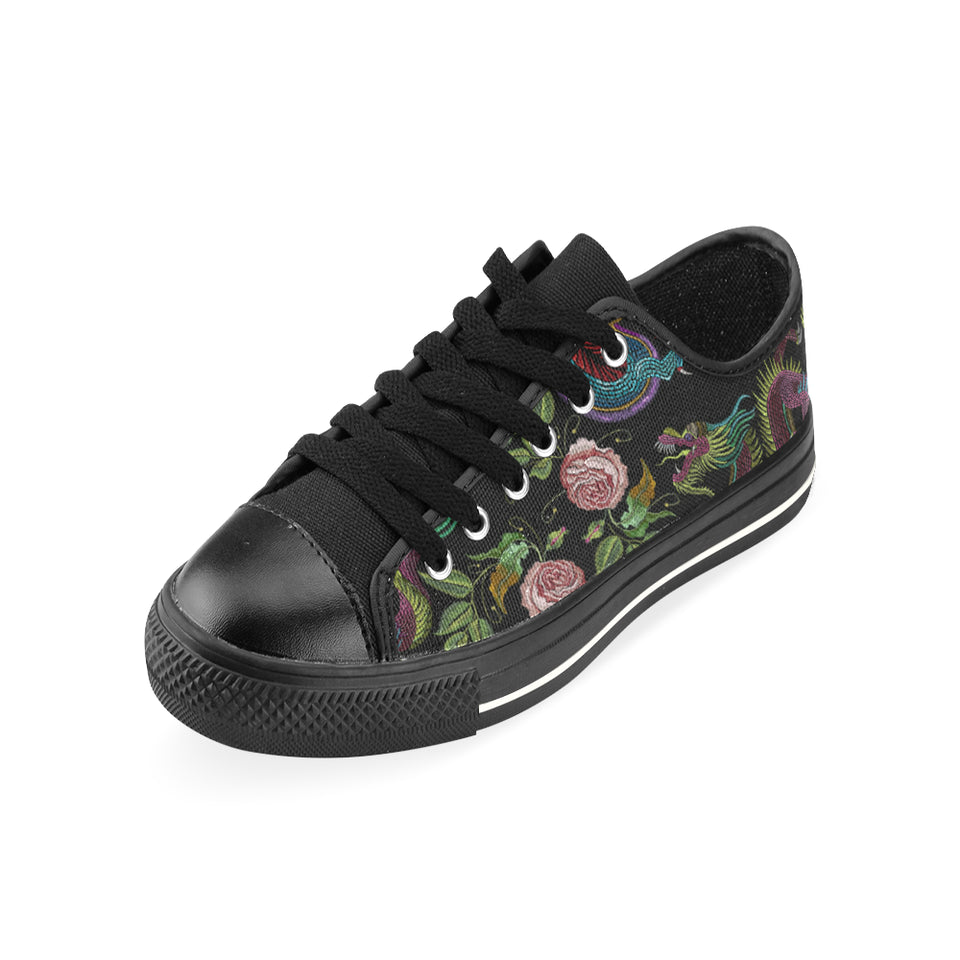 Dragons flower pattern Men's Low Top Canvas Shoes Black