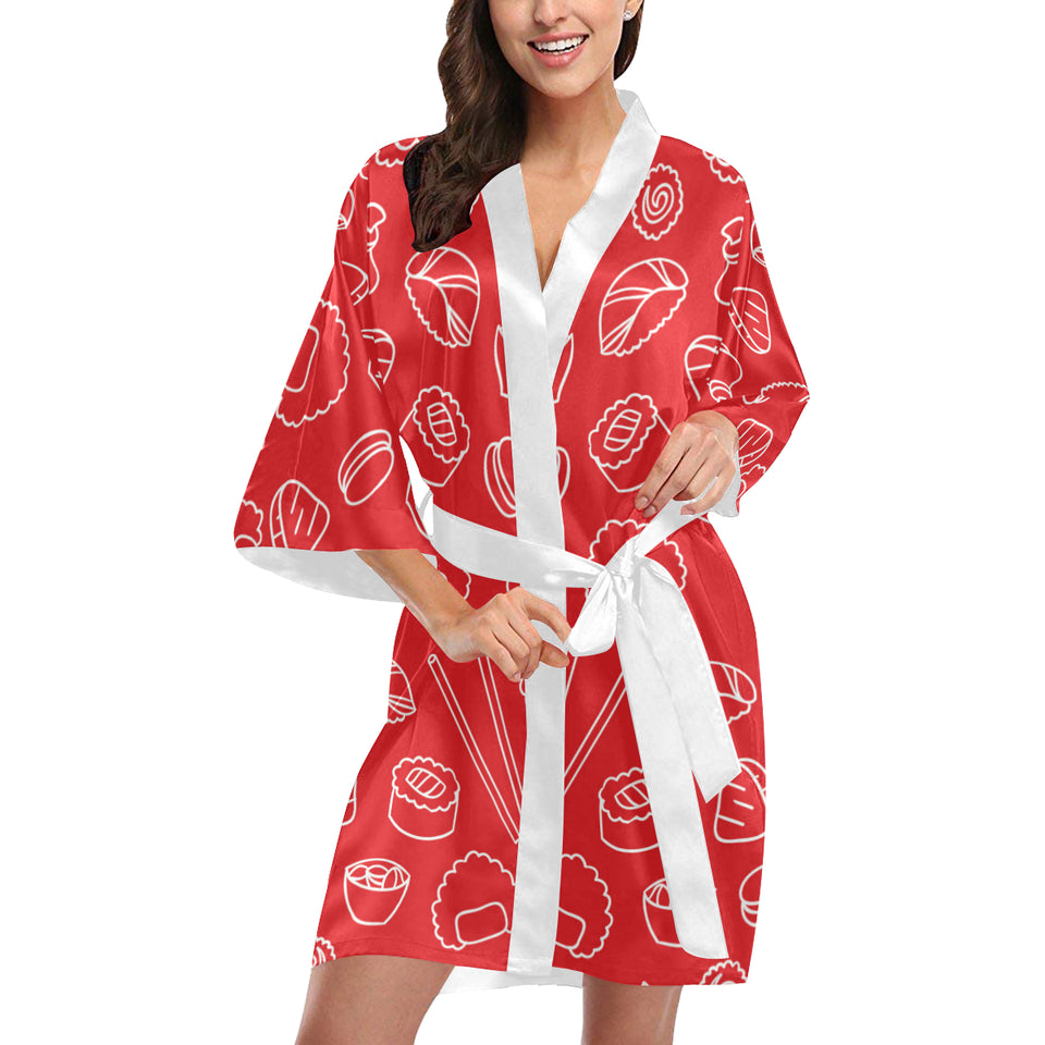 sushi pattern red background Women's Short Kimono Robe
