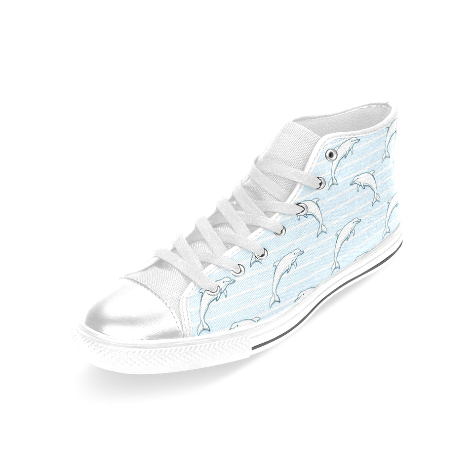 Dolphin blue striped background Women's High Top Canvas Shoes White