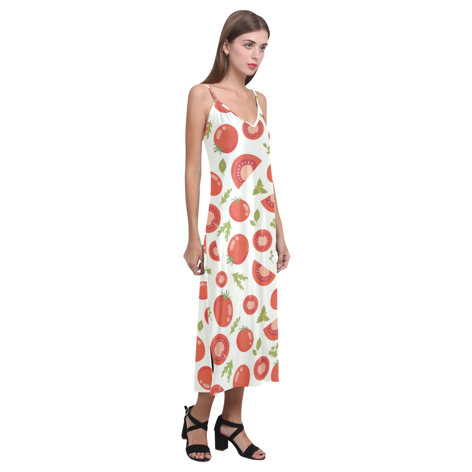 Tomato pattern V-Neck Open Fork Long Dress