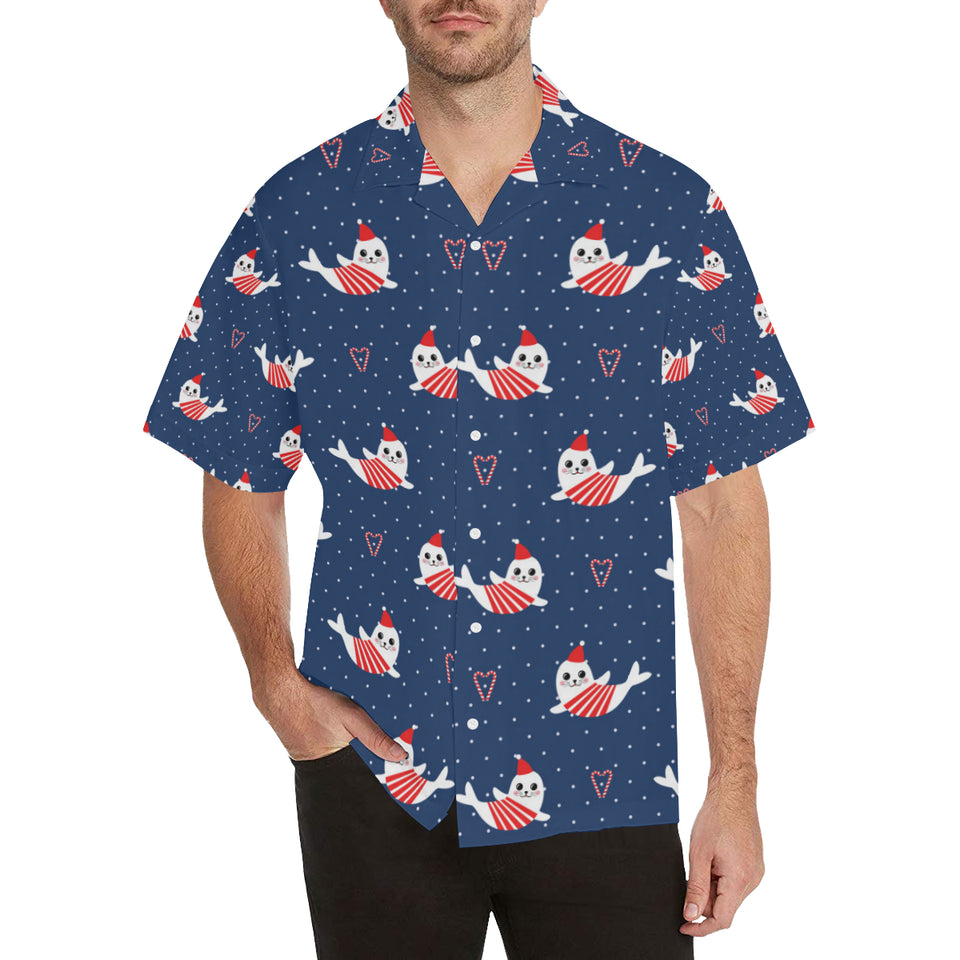 Cute sea lion seal christmas hat candy cane heart Men's All Over Print Hawaiian Shirt