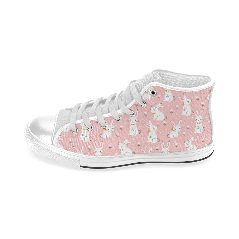 Cute white rabbit flower pink background Men's High Top Canvas Shoes White