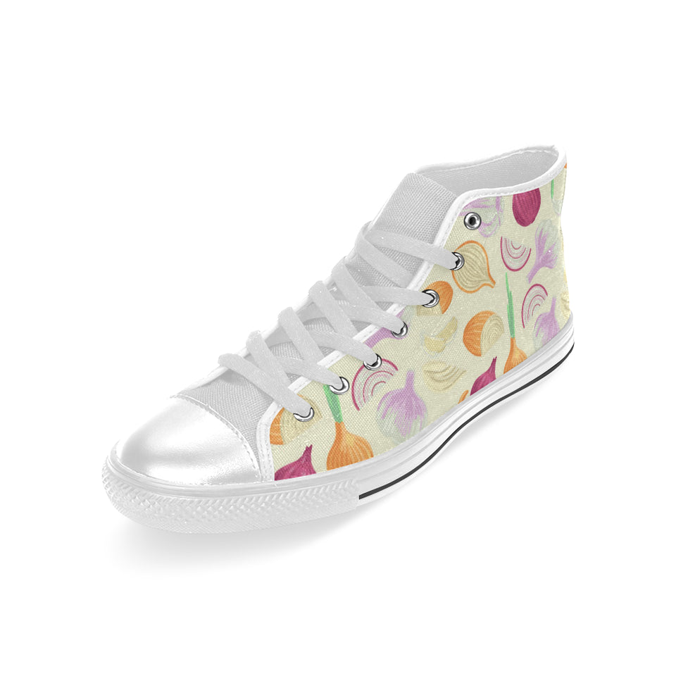 Onion garlic white red pattern Men's High Top Canvas Shoes White