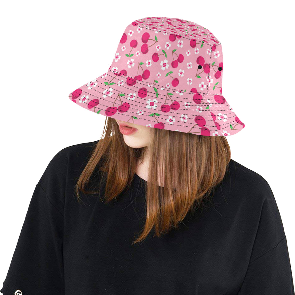 cherry flower pattern pink background Unisex Bucket Hat