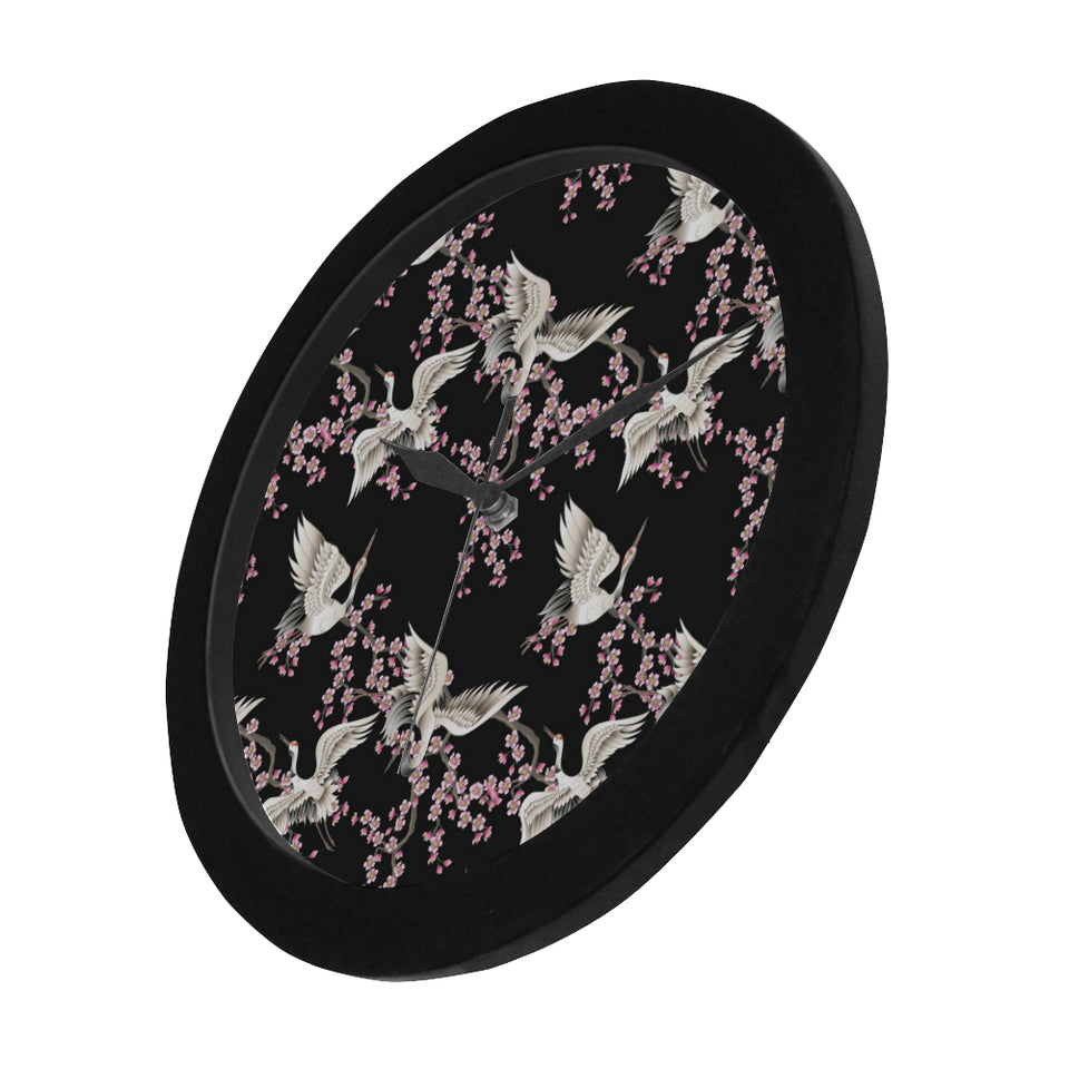 Japanese crane pink sakura pattern Elegant Black Wall Clock