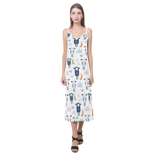 Cute sleeping sheep moon cloud pattern V-Neck Open Fork Long Dress