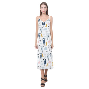 Cute sleeping sheep moon cloud pattern V-Neck Open Fork Long Dress