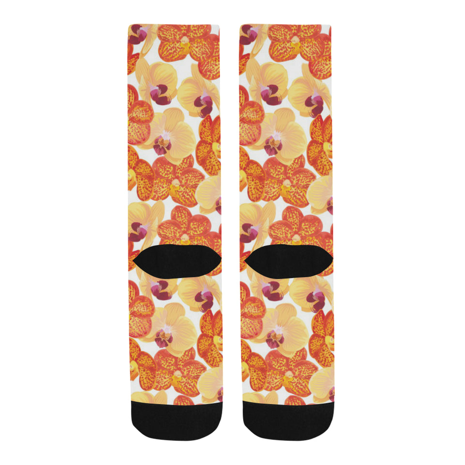 Orange yellow orchid flower pattern background Crew Socks