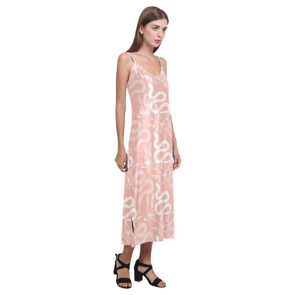 Snake lilies flower pattern V-Neck Open Fork Long Dress