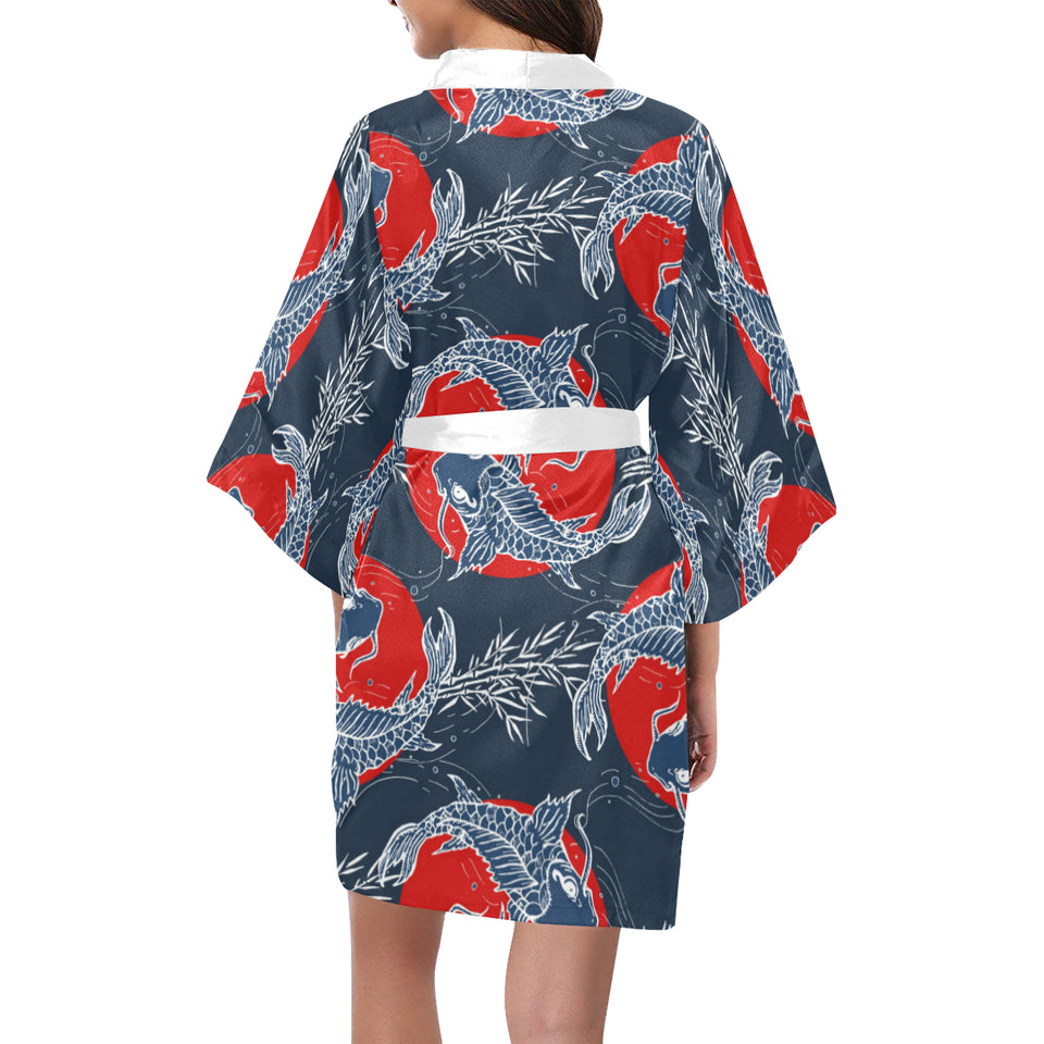 Koi Fish Carp Fishs hand drawn japanese art Women's Short Kimono Robe