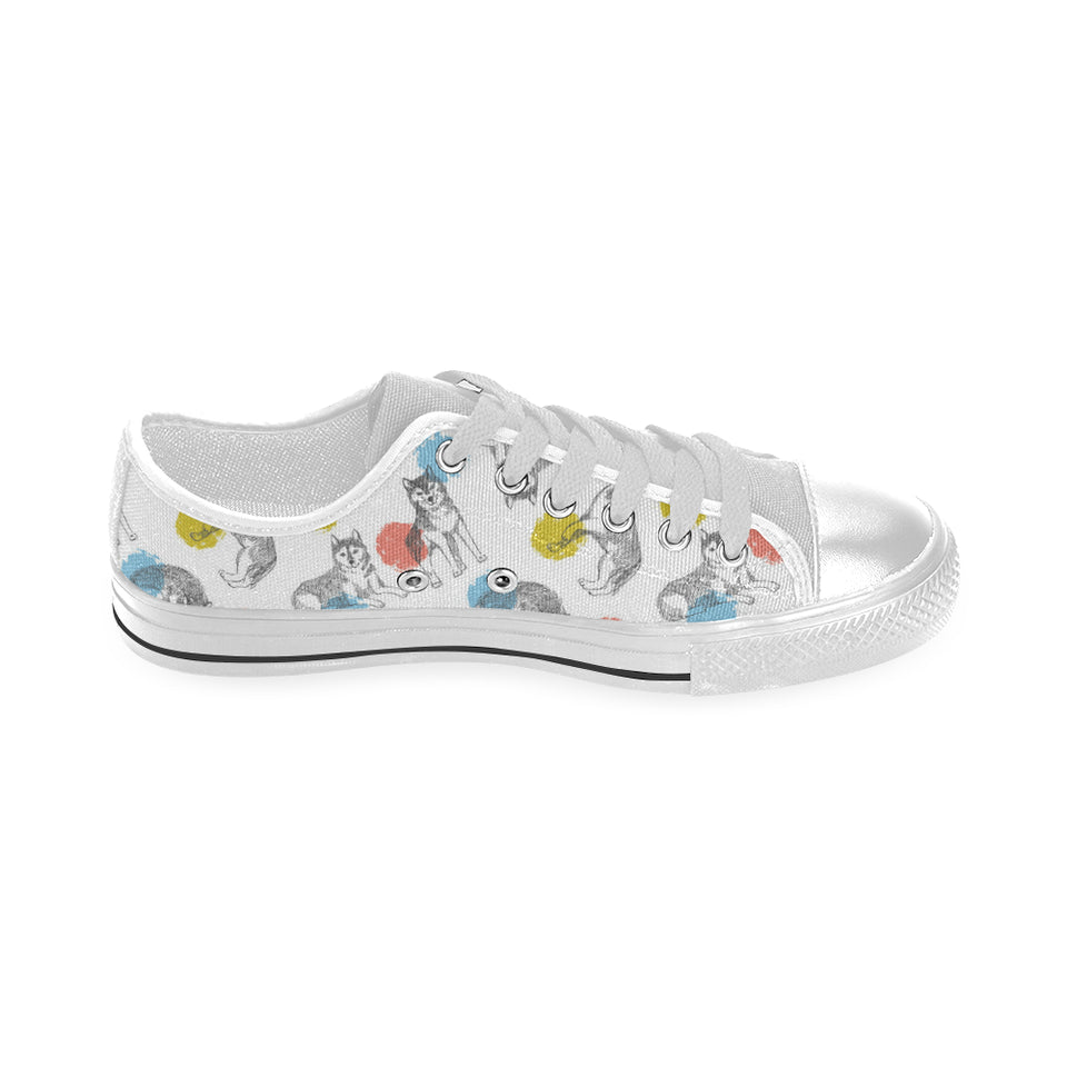 Siberian husky and colorful circle pattern Men's Low Top Shoes White