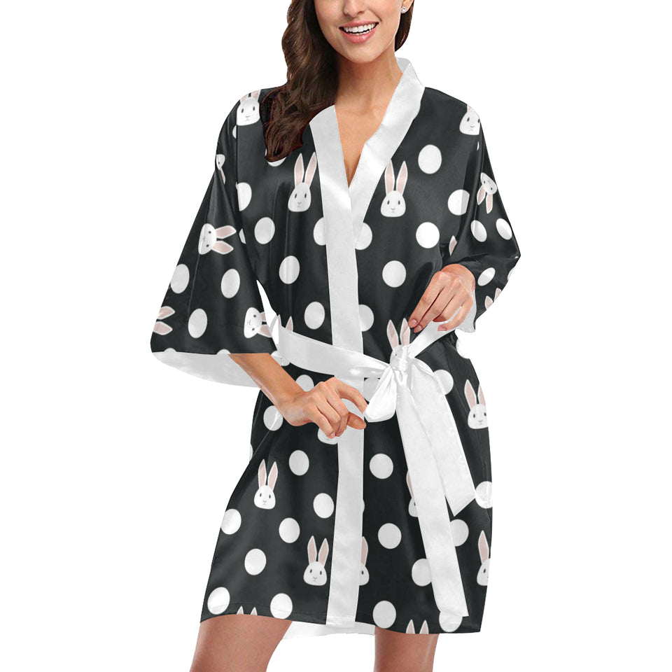 Cute white rabbit polka dots black background Women's Short Kimono Robe