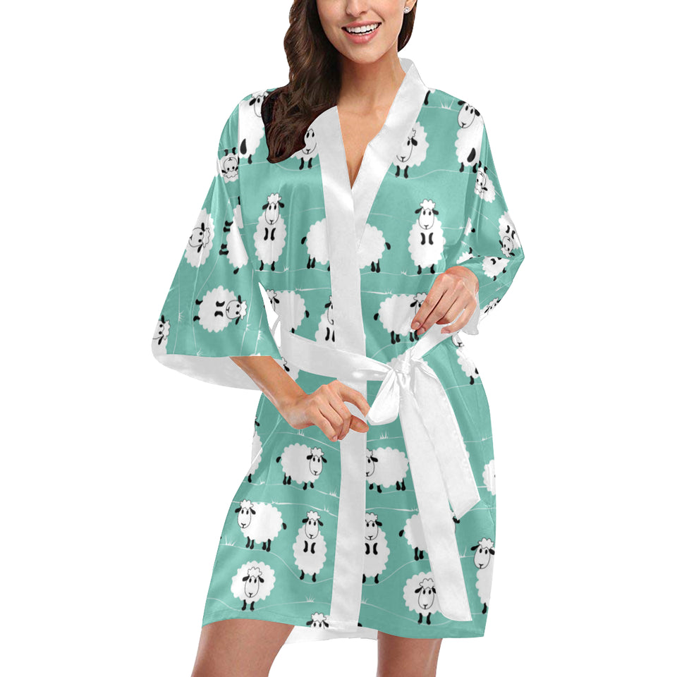 Cute sheep green background Women's Short Kimono Robe