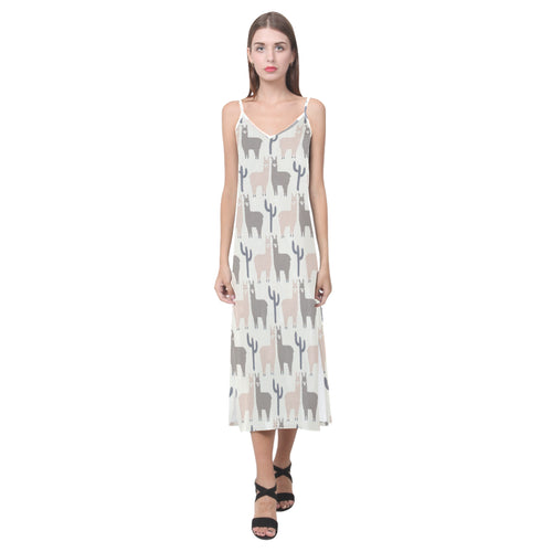 Llama Alpaca pattern V-Neck Open Fork Long Dress