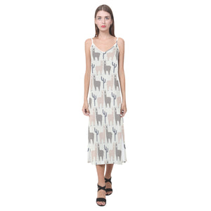 Llama Alpaca pattern V-Neck Open Fork Long Dress