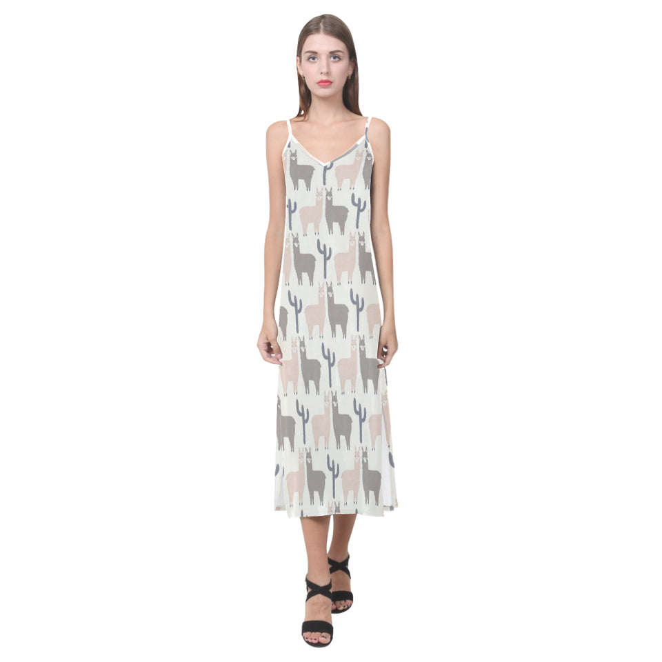 Llama Alpaca pattern V-Neck Open Fork Long Dress